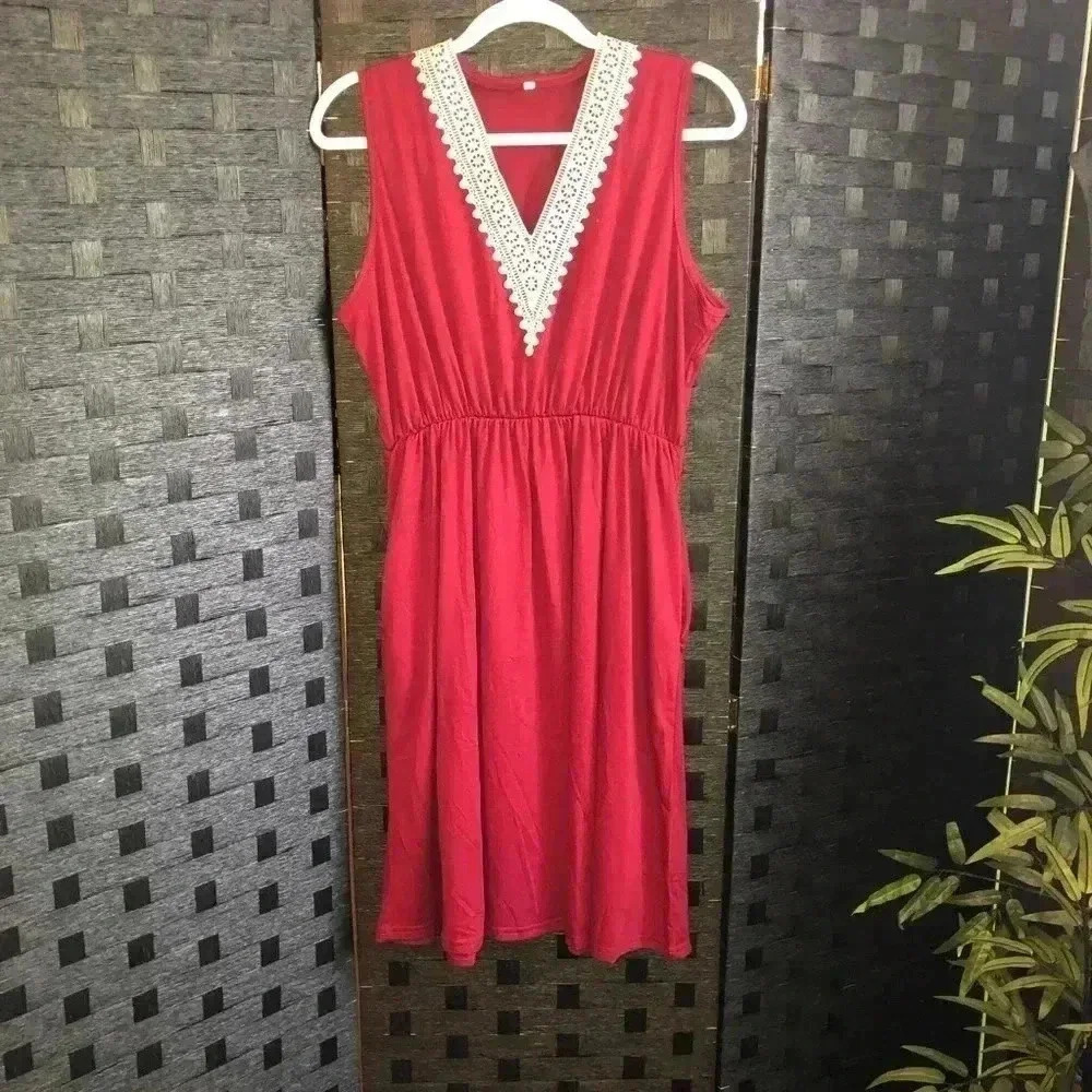Red V-Neck Ruffled Dress - Picture 5 of 11